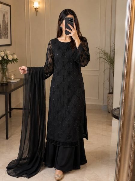 Durable Black Fox Georgette Beads Sequins Embroidery Kurti Palazzo Dupatta Set 