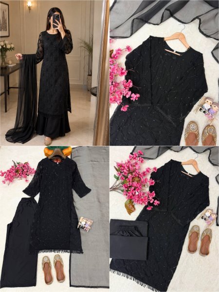 Durable Black Fox Georgette Beads Sequins Embroidery Kurti Palazzo Dupatta Set Ready To Wear Collection