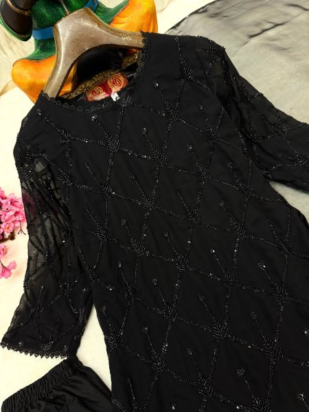 Durable Black Fox Georgette Beads Sequins Embroidery Kurti Palazzo Dupatta Set Ready To Wear Collection