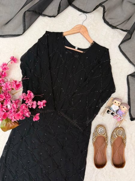 Durable Black Fox Georgette Beads Sequins Embroidery Kurti Palazzo Dupatta Set Ready To Wear Collection