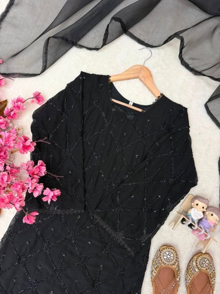 Durable Black Fox Georgette Beads Sequins Embroidery Kurti Palazzo Dupatta Set Ready To Wear Collection