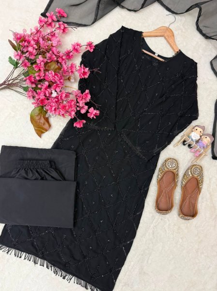 Durable Black Fox Georgette Beads Sequins Embroidery Kurti Palazzo Dupatta Set Ready To Wear Collection