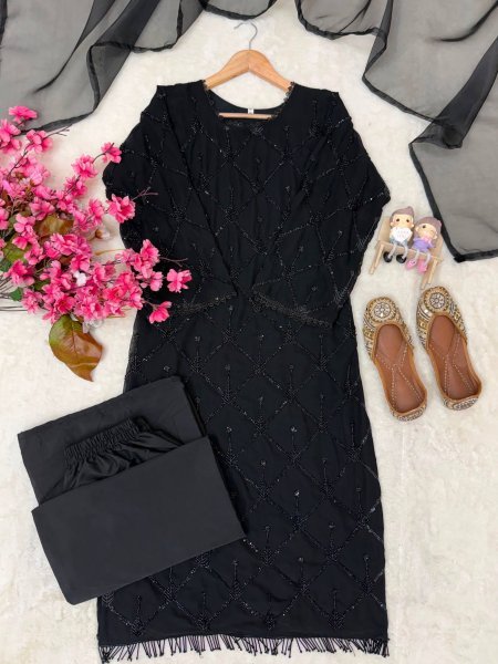 Durable Black Fox Georgette Beads Sequins Embroidery Kurti Palazzo Dupatta Set Ready To Wear Collection