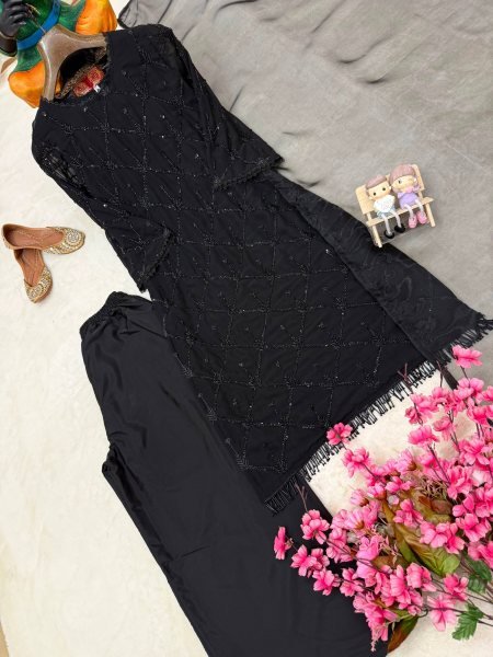 Durable Black Fox Georgette Beads Sequins Embroidery Kurti Palazzo Dupatta Set Ready To Wear Collection