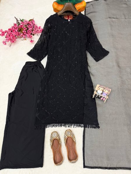 Durable Black Fox Georgette Beads Sequins Embroidery Kurti Palazzo Dupatta Set Ready To Wear Collection