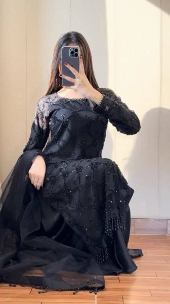 Durable Black Fox Georgette Beads Sequins Embroidery Kurti Palazzo Dupatta Set Ready To Wear Collection