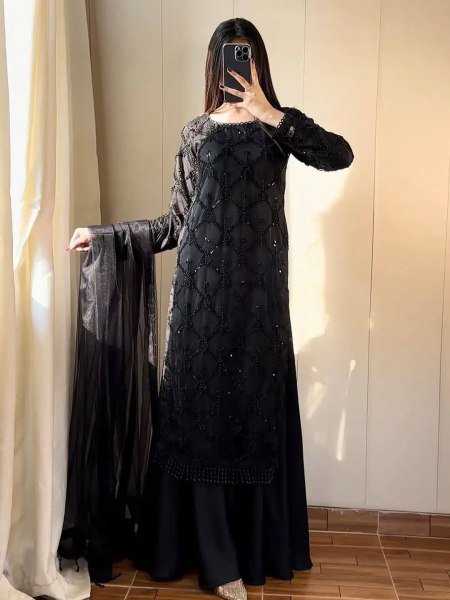 Durable Black Fox Georgette Beads Sequins Embroidery Kurti Palazzo Dupatta Set Ready To Wear Collection