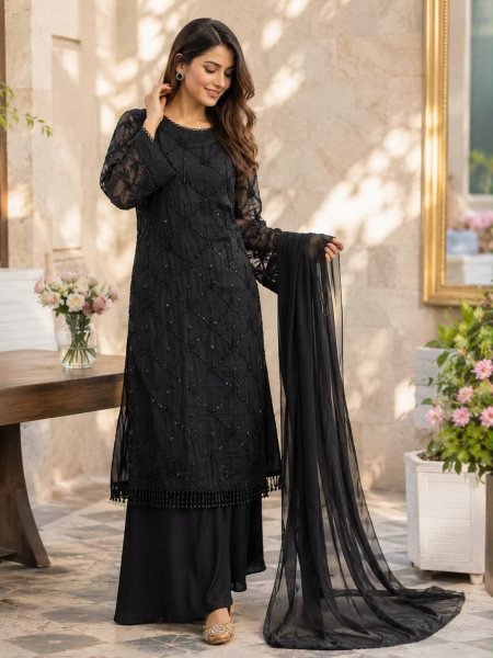 Durable Black Fox Georgette Beads Sequins Embroidery Kurti Palazzo Dupatta Set Ready To Wear Collection