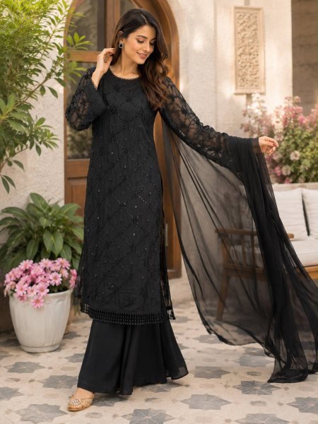 Durable Black Fox Georgette Beads Sequins Embroidery Kurti Palazzo Dupatta Set Ready To Wear Collection