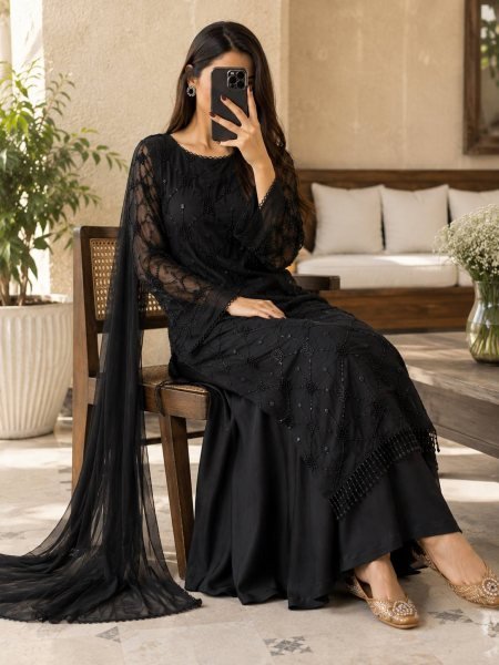 Durable Black Fox Georgette Beads Sequins Embroidery Kurti Palazzo Dupatta Set Ready To Wear Collection