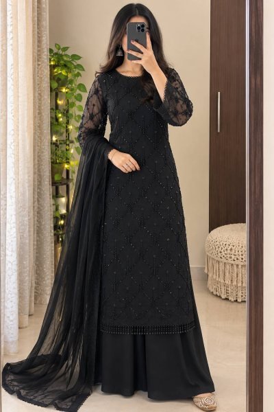 Durable Black Fox Georgette Beads Sequins Embroidery Kurti Palazzo Dupatta Set Ready To Wear Collection