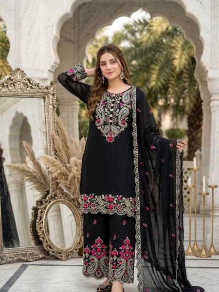 Alluring Black Roman Silk Embroidered Palazzo Suit Set for Women Ready To Wear Suit