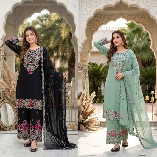 Alluring Black Roman Silk Embroidered Palazzo Suit Set for Women Ready To Wear Collection