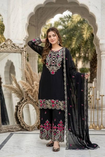 Alluring Black Roman Silk Embroidered Palazzo Suit Set for Women Ready To Wear Collection