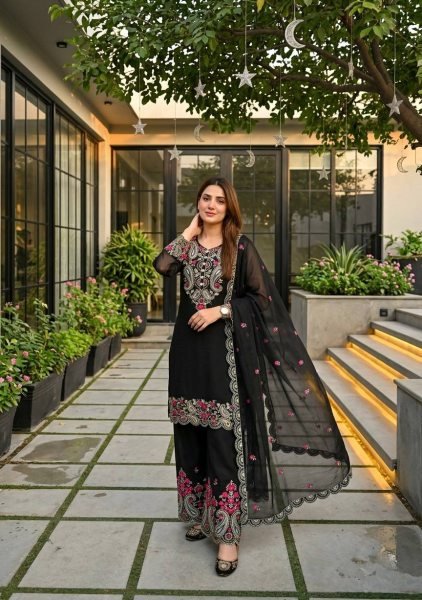Alluring Black Roman Silk Embroidered Palazzo Suit Set for Women Ready To Wear Collection