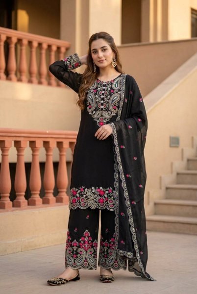 Alluring Black Roman Silk Embroidered Palazzo Suit Set for Women Ready To Wear Collection