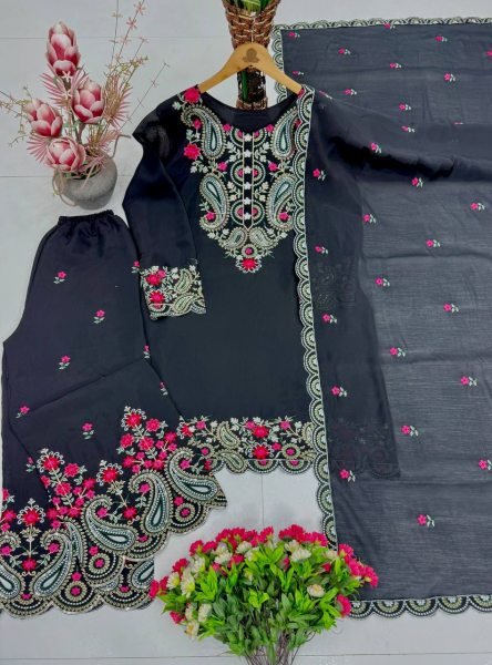 Alluring Black Roman Silk Embroidered Palazzo Suit Set for Women Ready To Wear Collection