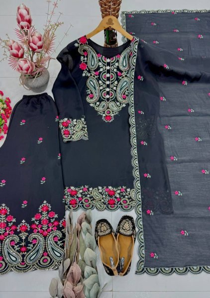 Alluring Black Roman Silk Embroidered Palazzo Suit Set for Women Ready To Wear Collection