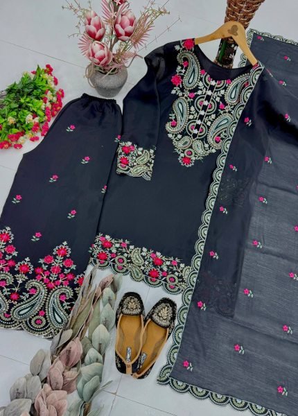 Alluring Black Roman Silk Embroidered Palazzo Suit Set for Women Ready To Wear Collection
