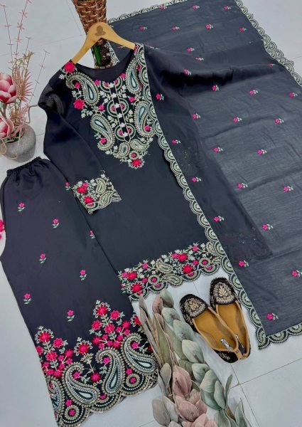 Alluring Black Roman Silk Embroidered Palazzo Suit Set for Women Ready To Wear Collection