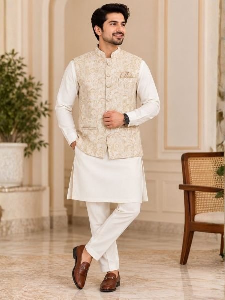 Durable Cream Designer Malai Satin Kurta with Jacquard Koti and Pant Set 