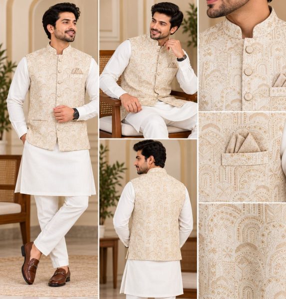 Durable Cream Designer Malai Satin Kurta with Jacquard Koti and Pant Set Kurta Pajama Wholesale