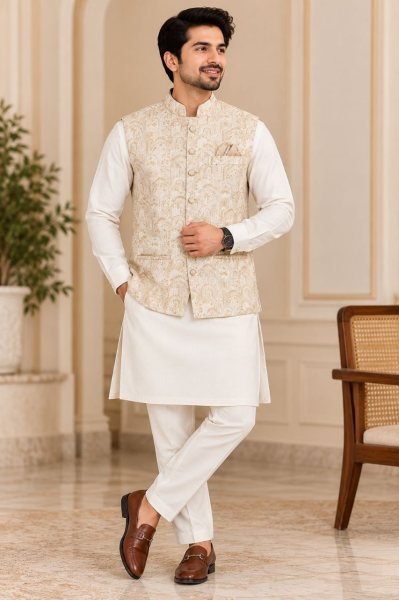 Durable Cream Designer Malai Satin Kurta with Jacquard Koti and Pant Set Kurta Pajama Wholesale