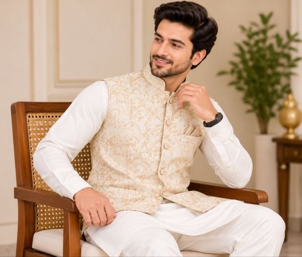 Durable Cream Designer Malai Satin Kurta with Jacquard Koti and Pant Set Kurta Pajama Wholesale