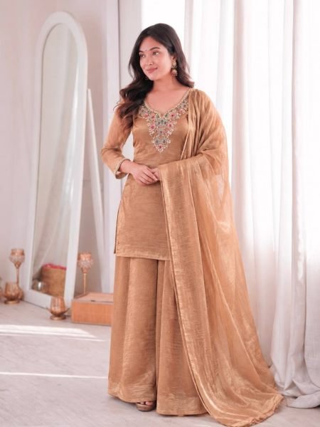 Durable Cream Designer Salsa Silk Top Palazzo Dupatta Set with Beads and Sequin Work 