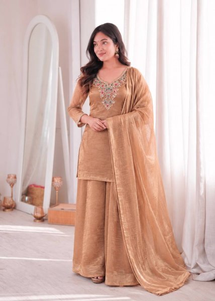 Durable Cream Designer Salsa Silk Top Palazzo Dupatta Set with Beads and Sequin Work Ready To Wear Collection