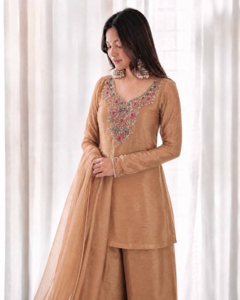 Durable Cream Designer Salsa Silk Top Palazzo Dupatta Set with Beads and Sequin Work Ready To Wear Collection