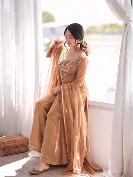 Durable Cream Designer Salsa Silk Top Palazzo Dupatta Set with Beads and Sequin Work Ready To Wear Collection