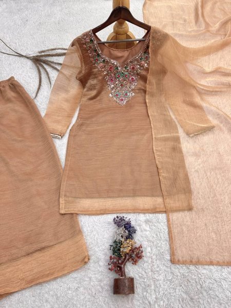 Durable Cream Designer Salsa Silk Top Palazzo Dupatta Set with Beads and Sequin Work Ready To Wear Collection