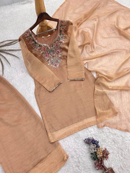 Durable Cream Designer Salsa Silk Top Palazzo Dupatta Set with Beads and Sequin Work Ready To Wear Collection