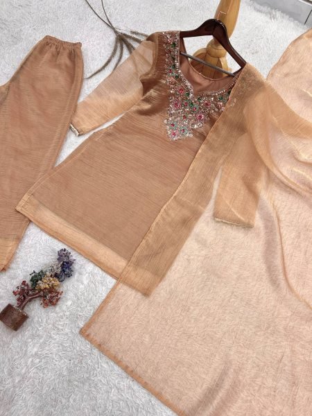 Durable Cream Designer Salsa Silk Top Palazzo Dupatta Set with Beads and Sequin Work Ready To Wear Collection
