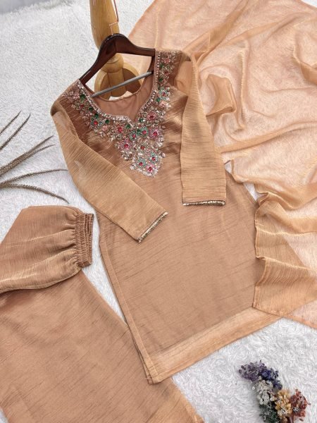 Durable Cream Designer Salsa Silk Top Palazzo Dupatta Set with Beads and Sequin Work Ready To Wear Collection