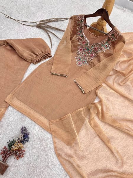 Durable Cream Designer Salsa Silk Top Palazzo Dupatta Set with Beads and Sequin Work Ready To Wear Collection