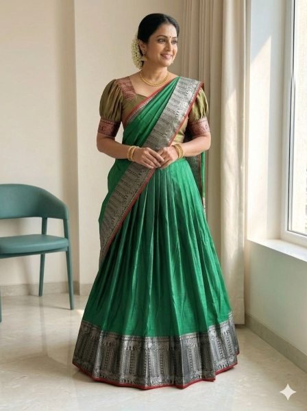 Durable Green Silk Woven Lehenga Choli with Woven Zari Dupatta For Festival Half Saree Lehenga