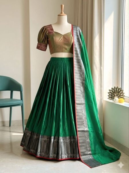 Durable Green Silk Woven Lehenga Choli with Woven Zari Dupatta For Festival Half Saree Lehenga