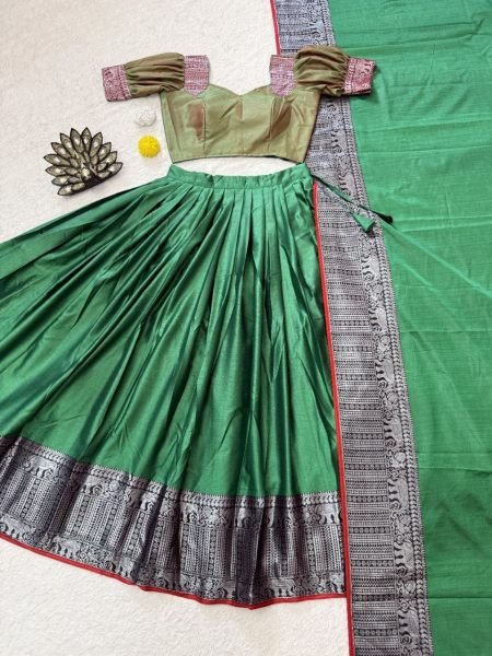 Durable Green Silk Woven Lehenga Choli with Woven Zari Dupatta For Festival Half Saree Lehenga