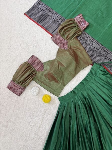 Durable Green Silk Woven Lehenga Choli with Woven Zari Dupatta For Festival Half Saree Lehenga