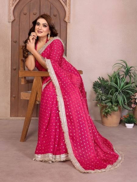 Durable Hot Pink Fendi Satin Silk Saree with Beautiful Designer Lace Border For Wedding 