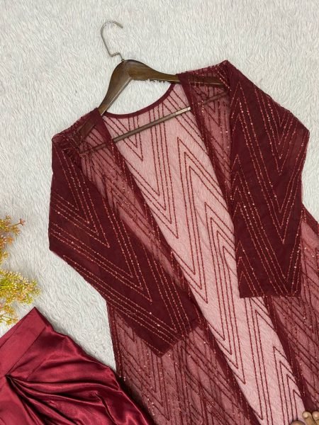 Maroon Butterfly Net Blouse Skirt Shrug Set With Embroidered for Women Ready To Wear Collection