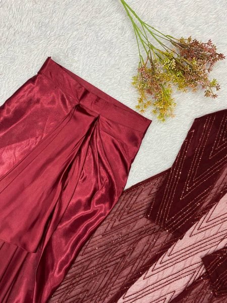 Maroon Butterfly Net Blouse Skirt Shrug Set With Embroidered for Women Ready To Wear Collection