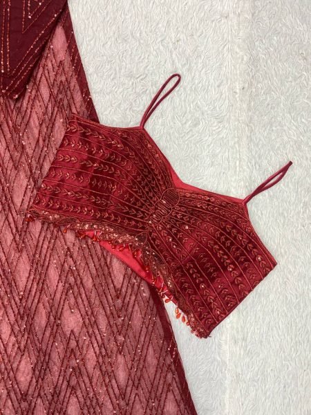 Maroon Butterfly Net Blouse Skirt Shrug Set With Embroidered for Women Ready To Wear Collection