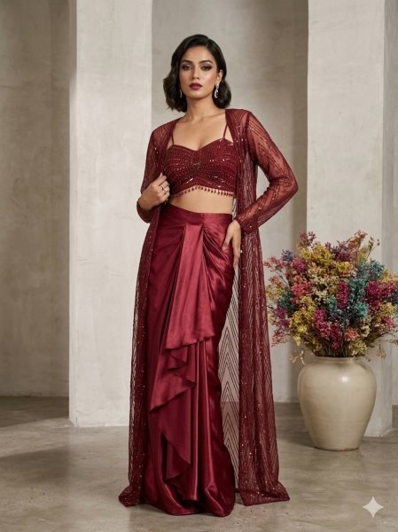 Maroon Butterfly Net Blouse Skirt Shrug Set With Embroidered for Women Ready To Wear Collection