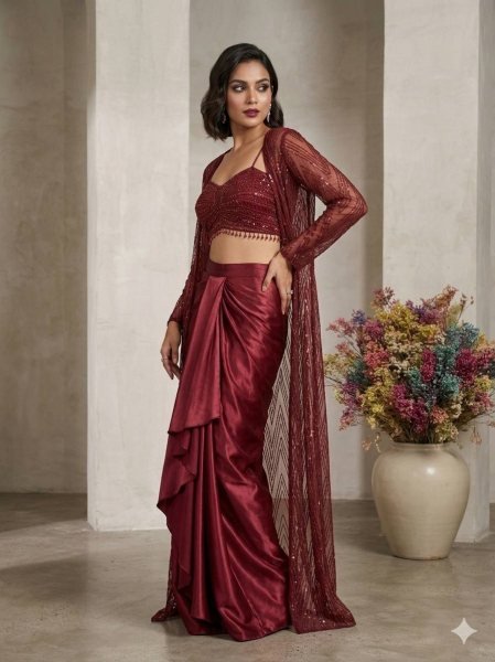 Maroon Butterfly Net Blouse Skirt Shrug Set With Embroidered for Women Ready To Wear Collection