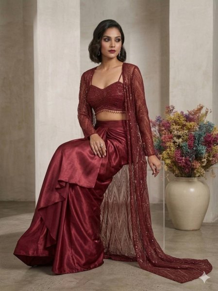 Maroon Butterfly Net Blouse Skirt Shrug Set With Embroidered for Women Ready To Wear Collection