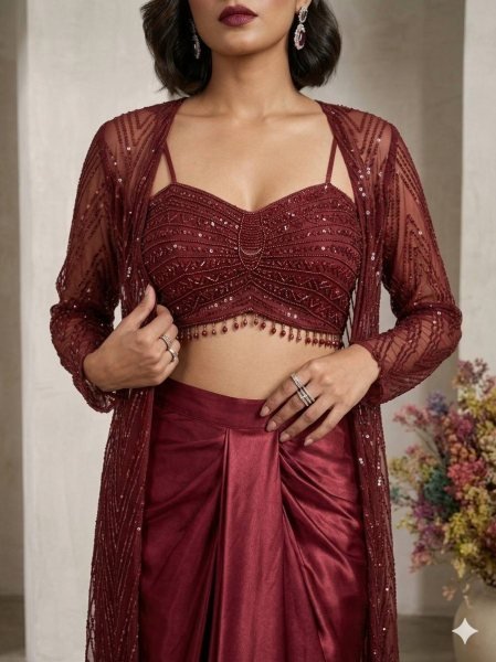 Maroon Butterfly Net Blouse Skirt Shrug Set With Embroidered for Women Ready To Wear Collection