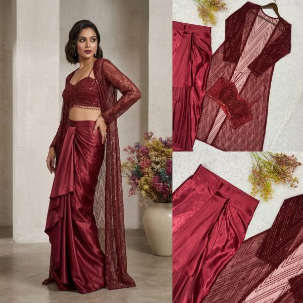Maroon Butterfly Net Blouse Skirt Shrug Set With Embroidered for Women Ready To Wear Collection